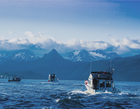 Sustainable Alasking Salmon fishing boats on blue water, with mountains in the back.